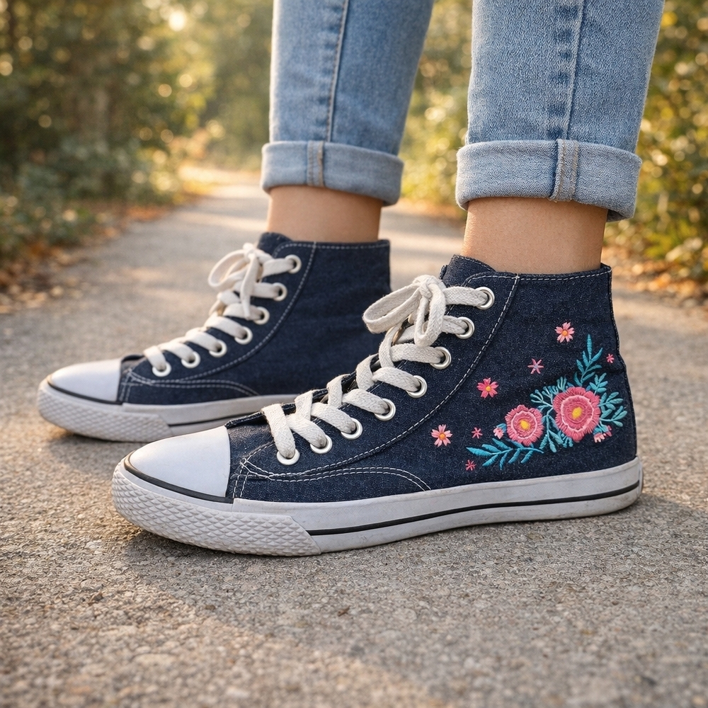 Airwalk Floral Embroidered Denim High-Top Sneakers – Canvas, Navy Blue